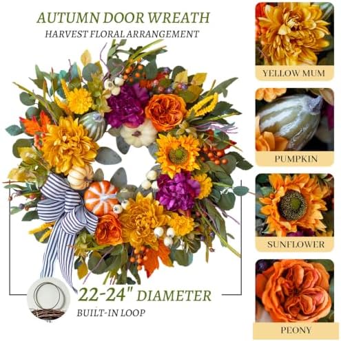 24 Inch Artificial Fall Wreaths for Front Door Outside with Striped Bow