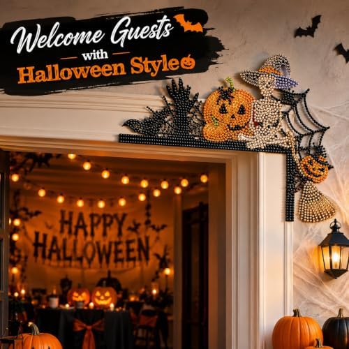 DIY Halloween Witch Pumpkin Diamond Art Wooden Door Corner Decoration, Halloween Frame Sign Kit, Creative Wall Art Mosaic Frame Sign for Home Decor & Gifts