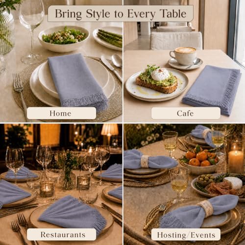 CLOUDLOOM 100% Cotton Fringe Cloth Napkins, Dark Grey, Set of 6, 20"x20"