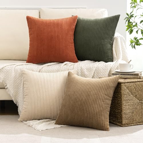 MIULEE Fall Corduroy Decorative Throw Pillow Covers Rust-Olive Green 18x18