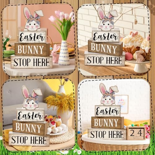 Moucuny 4 Pcs Easter Bunny Wood Signs Farmhouse Tiered Tray Table Decor