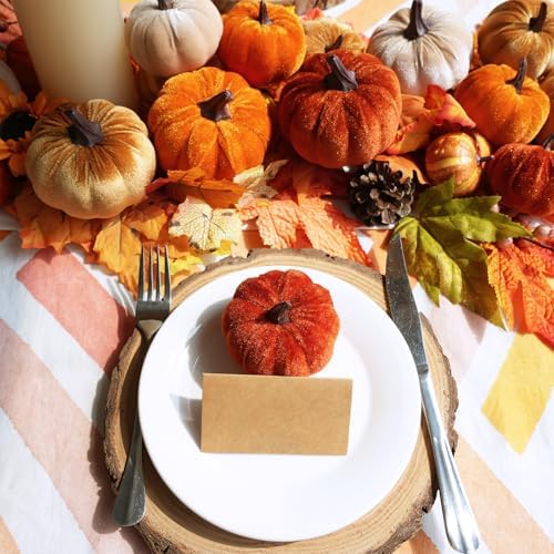 Winlyn Set of 16 Assorted Farmhouse Fall Artificial Velvet Pumpkins Rust Orange Champagne Gold Decorative Fabric Foam Pumpkins for Autumn Home Wedding Thanksgiving Halloween Harvest Table Centerpiece
