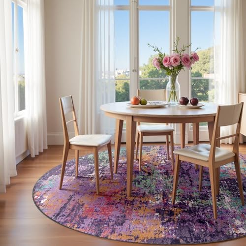 RELEANY Washable Round 8ft Area Rug for Living Room Purple Multi