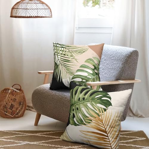Summer Tropical Palm Leaf Pillow Cases 16x16 Set of 2 Green Banana Leaves Monstera Botanical Pillowcase Modern Geometric Plant Outdoor Decorative Throw Cushion Cases for Bedroom Living Room
