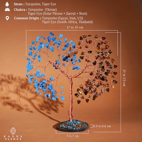 Handmade Healing Crystal Tree of Life Pink Tiger Eye and Turquoise Chakra Tree for Money, Good Luck, Feng Shui Home