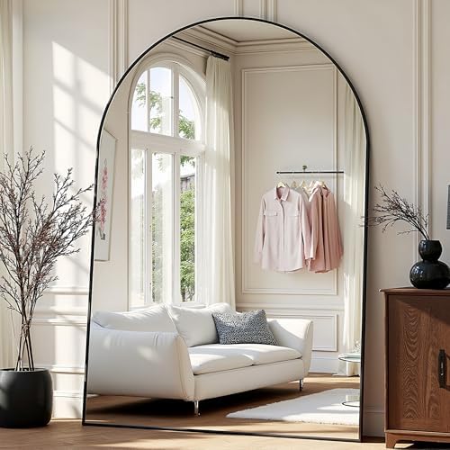 Prywot Full Length Mirror, Oversized 86"x46" Arched-Top Floor Mirror, Black