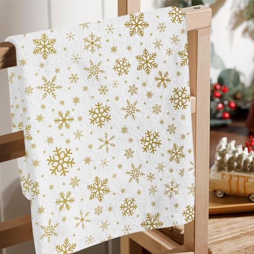 JOOCAR Gold Christmas Kitchen Towels Merry and Bright Christmas Kitchen Decor Dish Towels Set of 2, 16x27 Inch Seasonal Drying Dishcloth, Gold Snowflake Decoration Hand Towels