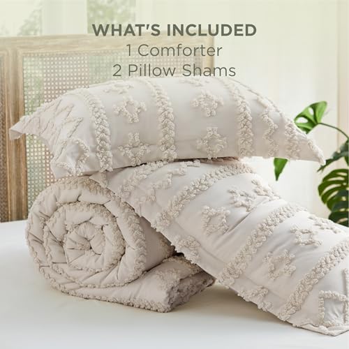 Bedsure Tufted Boho Comforter Set Oversized Queen Size - Ivory Boho Bed Set, GentleSoft™ 3 Pieces Farmhouse-Style