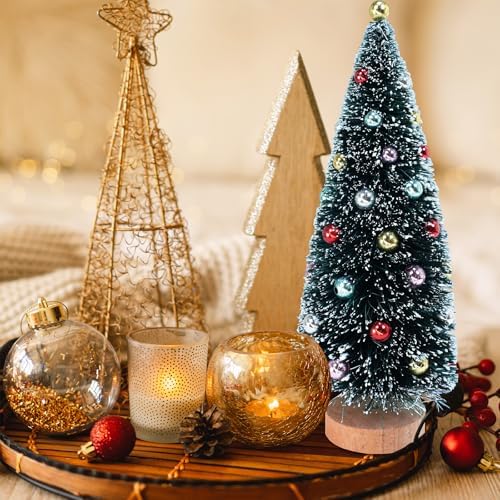 Winlyn 6 Pcs Artificial Tabletop Christmas Trees 8.3 Inch Frosted Green Bottle Brush Trees with Wood Bases Small Sisal Trees with White Snow and Ornaments for Winter Holiday Christmas Village Décor