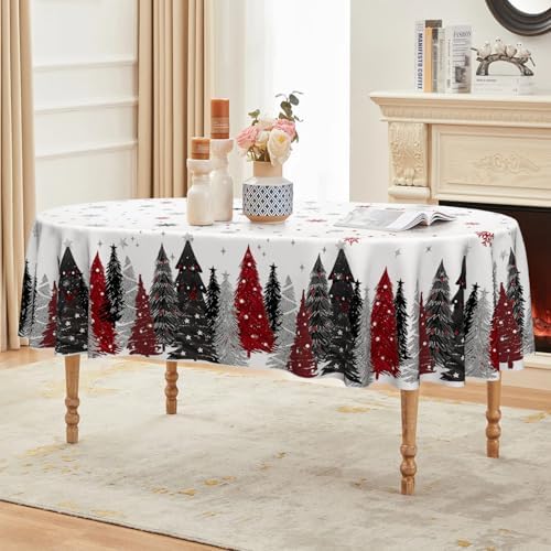 Horaldaily Christmas Tablecloth 60 x 84 Inch Oval Christmas Trees Red Black
