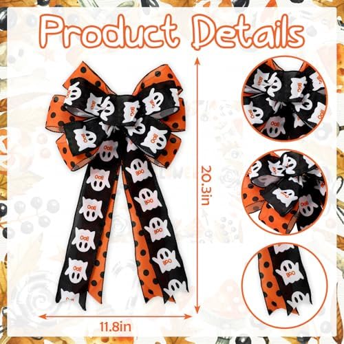 JarThenaAMCS Halloween Wreath Bow Ghost Boo Polka Dots Wired Edge Bow Black Orange Fabric Craft Bowknot for Front Door Tree Topper Indoor Outdoor Decor, 11 x 20.3 Inch