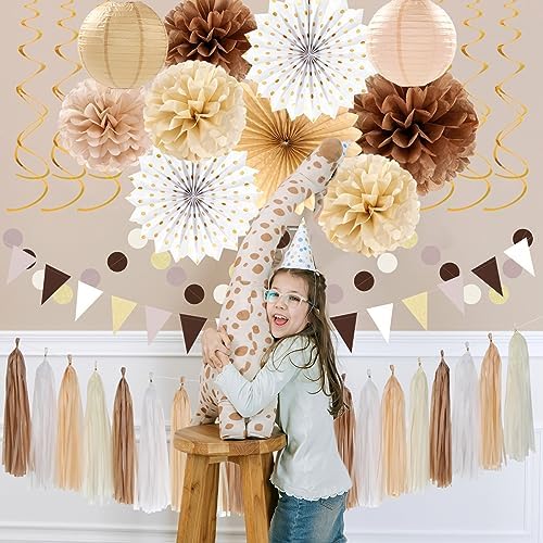 Boho Baby-Shower White-Brown Champagne Fall Party-Decorations - 33pcs Banner,Streamers Tassel Garland,Tissue Pom Poms Honeycomb,Paper Lantern Fan,Autumn,Bridal,Christmas,Birthday,Wedding Decor Hugtmr