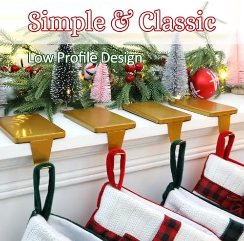 HMASYO Christmas Stocking Holders for Mantle Set of 2, Gold Heavy Duty Iron Stocking Hangers Base, Low Profile Weighted Stocking Holder Hooks for Fireplace Tabletop Shelf Christmas Decoration