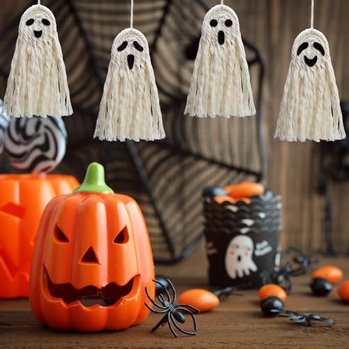 12 Pcs 5" Halloween Boho Ghost Macrame Decor, Handmade Boho Ghost Ornaments