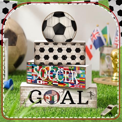 Moucuny 4 Pcs Soccer Centerpieces Table Wooden Block Signs Ball Topper