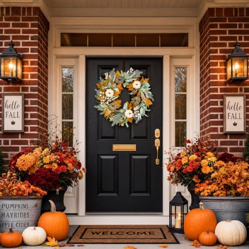 Pinkpum 20" Fall Wreath for Front Door Pumpkin Lambs Ear Wall Decor Autumn