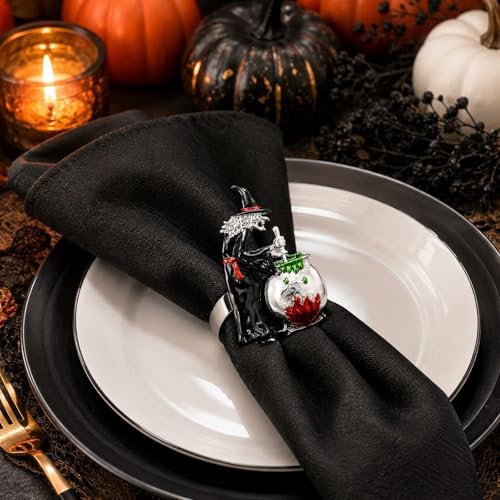 LUOZZY 4pcs Halloween Witch Napkin Rings Black Metal Holders for Party