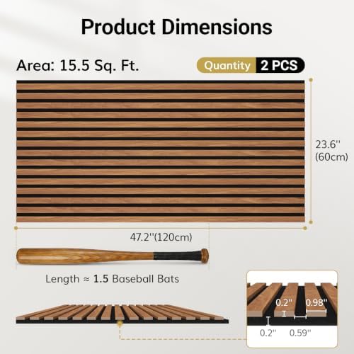 TONOR Wood Wall Panels for Interior Wall Decor, 2 Pack 47.2" x 23.6"(15.47ft²) Wood Slat Aacoustic Panels, Soundproof