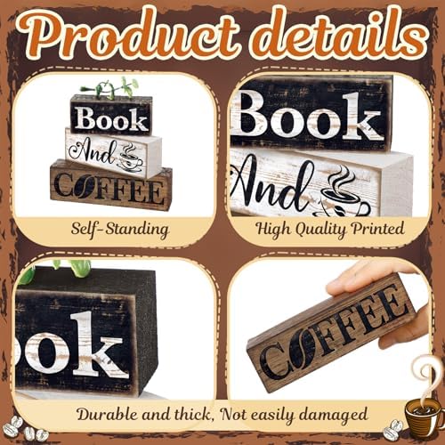 Moucuny 4 Pcs Farmhouse Table Decor Rustic Wooden Book and Coffee Signs