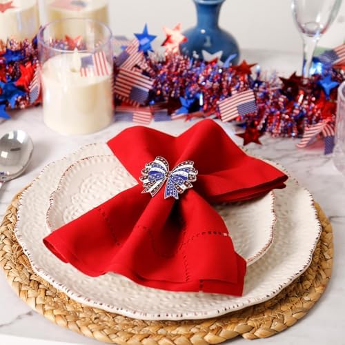 Patriotic Bow Napkin Rings Set of 8, 4th of July Red Blue White Metal Bow with Star Napkin Rings Holder for Independence Day, Presidential Election, Memorial, 250th Anniversary Table Decor