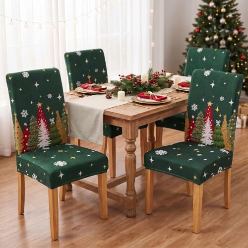 Christmas Chair Covers Set of 6,Xmas Tree Dining Chair Slipcovers,Elastic Removable Washable Dining Parsons Chair Protectors,Christmas Decor for Home Green