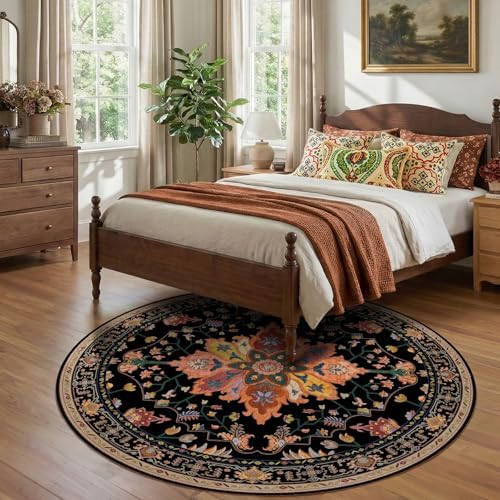 RELEANY Washable Area Rug, Round 7ft, Black/Colorful
