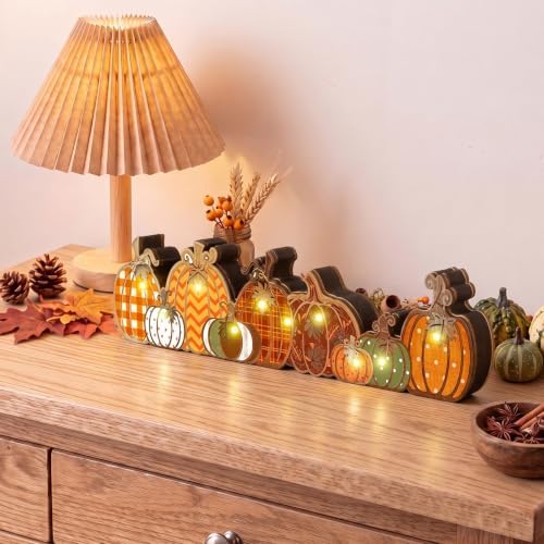 Yousoontic Fall Table Decorations, Light up Pumpkin Table Centerpieces Retro Wooden Sign Decor with LED Lights 3D Block Pumpkin Decor for Autumn Thanksgiving Harvest Farmhouse Home Mantel Desk Party