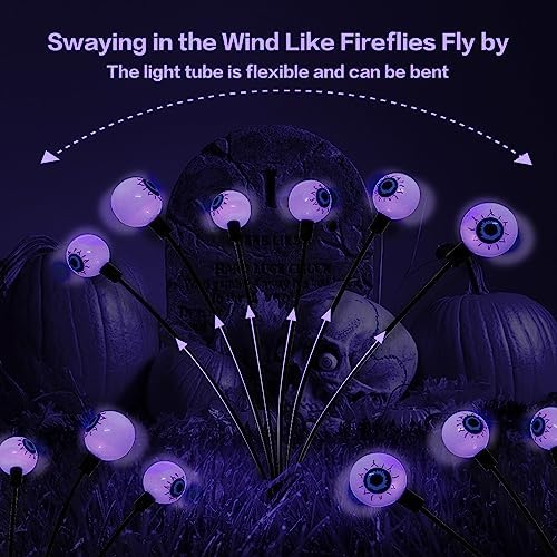 2PACK Scary Eyeballs Solar Garden Light Halloween Decorations Outdoor,Swaying Firefly with 12LED Purple Spooky Eyes Lights-Waterproof Ornaments Solar Halloween Lights for Lawn, Patio, Party Decor