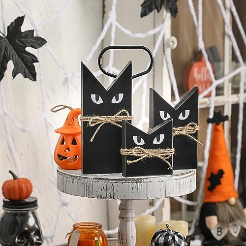 3 PCS Wooden Black Cats Decor, Spooky Cat Theme, Halloween Tiered Tray Decor, Farmhouse Halloween Tiered Tray and Mantle Decoration, Fall Accent, Wood Sign Rustic Style, Halloween Decoration Indoor