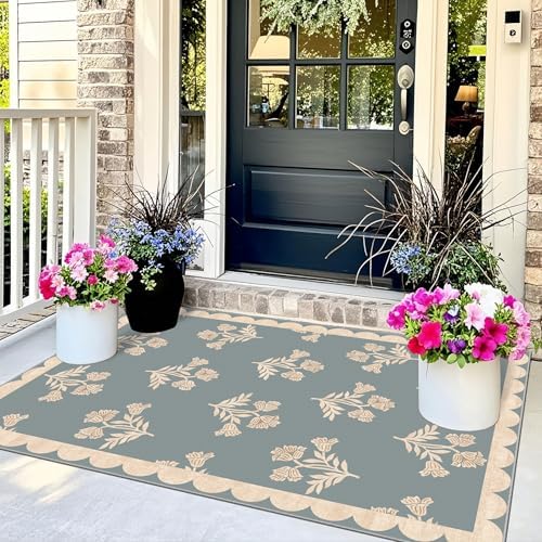 3x5 Floral Entry Rug - Small Washable Indoor Outdoor Mats for Front Door Non-Slip Porch Rug Blue Boho Farmhouse
