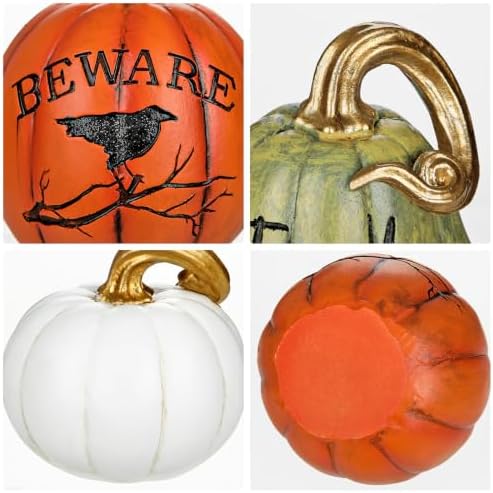 DILATATA Fall Pumpkins Decoration 3Pcs Resin Pumpkins Thanksgiving Fake Pumpkin Figurines Small Carved Pumpkin for Home Harvest Halloween Thanksgiving Rustic Farmhouse Table Centerpiece Shelf Mantel