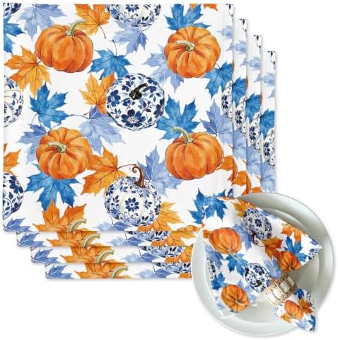Fall Pumpkin Cloth Napkins Set of 4, Blue White Chinoiserie Dinner Napkins 18x18 Inch, Reusable Fabric Napkins with Maple Leaves for Thanksgiving Table Decor, Autumn Farmhouse Table Setting