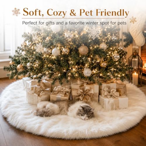 AOGU 48 Inch Faux Fur Christmas Tree Skirt White Plush Skirt for Merry Christmas Party Christmas Tree Decoration