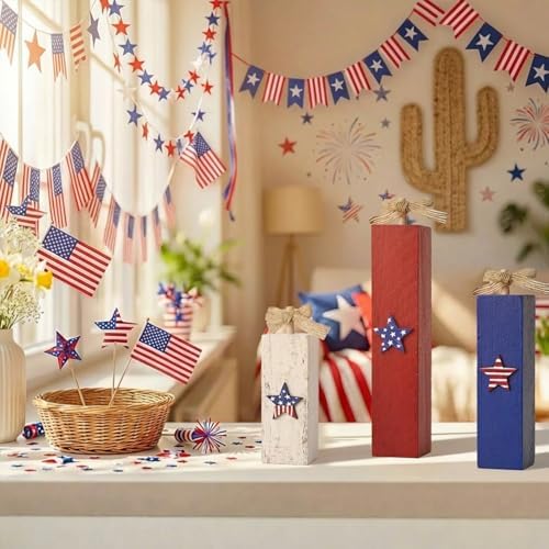 Smile Wooden Patriotic Star Decor Blocks - 3-Piece Red, White, Blue Distressed Design, Tabletop Shelf Accents for 4th of July & American Holiday Decoration