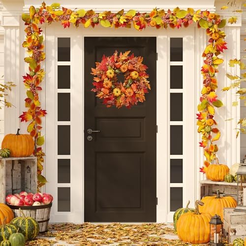 Sggvecsy Fall Wreath 23’’ Artificial Autumn Front Door Wreath with Large Pumpkins Clusters of Berries Maple Leaves Acorn for Outside Indoor Wall Window Festival Thanksgiving Harvest Fall Decor