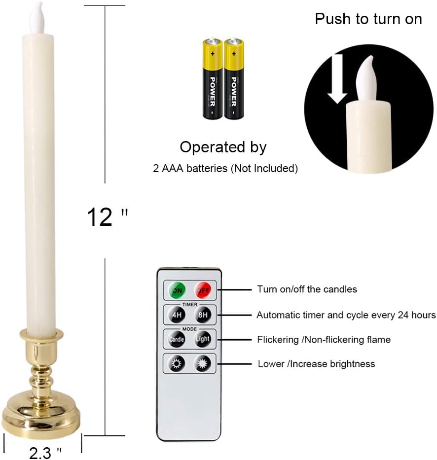 Ivory Flameless Window Taper Candles Battery Operated Remote Timer | Real Wax Long Lasting, Dimmable Warm Light, Gold