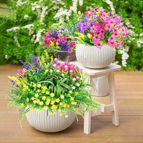 LELEE 24 Bundles Artificial Flowers for Outdoors Fake Silk Flowers Plants UV Resistant Faux Boston Fern Greenery Stems for Spring Garden Indoor Hanging Front Porch Patio Window Box Planter Decor