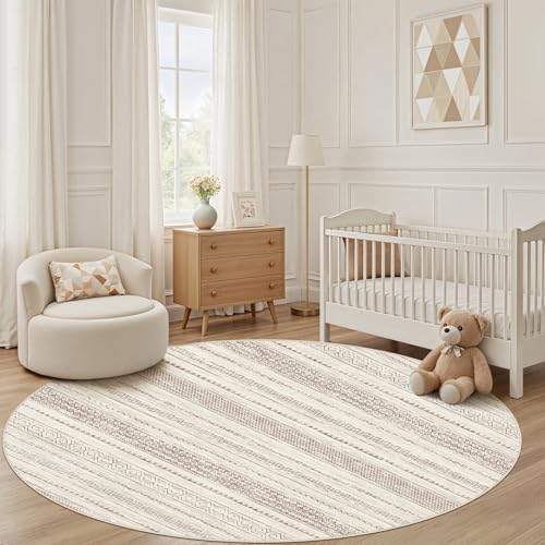 Nakagishi Round Rug Boho Area Rugs: 4x4 Washable Large Circle Neutral Soft Stain Resistant Non-Slip Carpet for Women