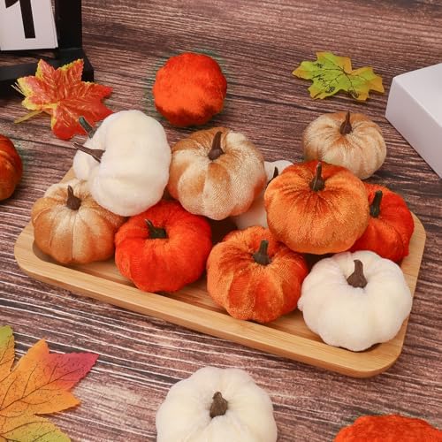 Folmywy 24 Pcs Faux Velvet Pumpkins Small Artificial Fall Harvest Pumpkin
