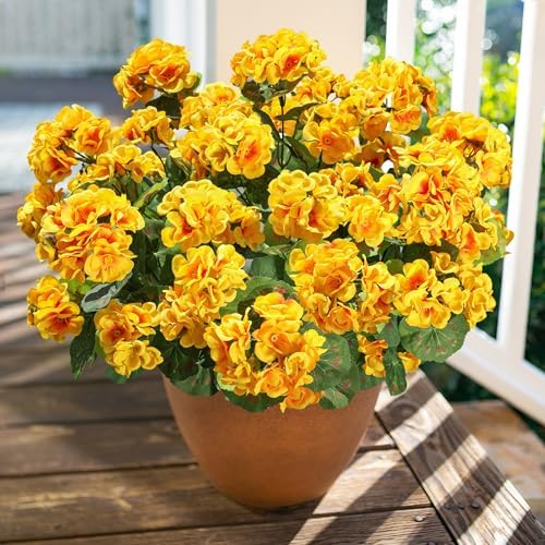 Fake Geraniums Artificial Flowers for Outdoors Winter Decoration, 6 Bundles Silk Geraniums UV Resistant Look Real Yellow Faux Flowers Plants for Front Door Garden Planter Patio Balcony Yard Home