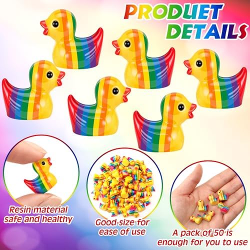 50 Pcs Rainbow Mini Resin Ducks Tiny LGBT Duck Figurines Bulk Small Gay Pride Duckies Resin Animals Figures Garden Landscape Decor for Home Office Car Decor Festive Gift DIY Craft
