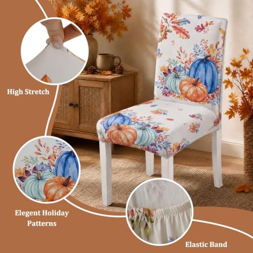 Fall Chair Covers Set of 6 Pumpkin Dining Chair Seat Cover Stretch Removable Autumn Chair Slipcover Protector for Thanksgiving Dining Room Kitchen Home Decor