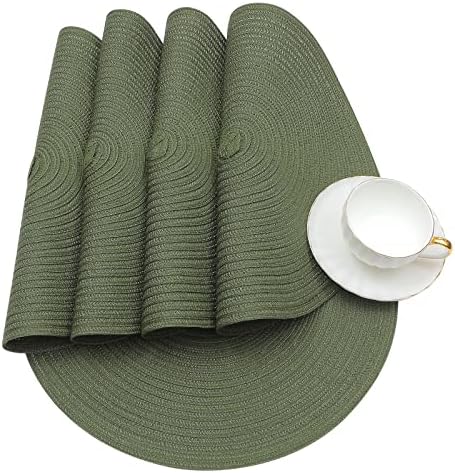 SHACOS Round Placemats Set of 12 Washable 15 inch Round Table Mats Cotton Polyester Woven Braided Place Mats for Dining Table Wedding Party Decor (Olive Green, 12)