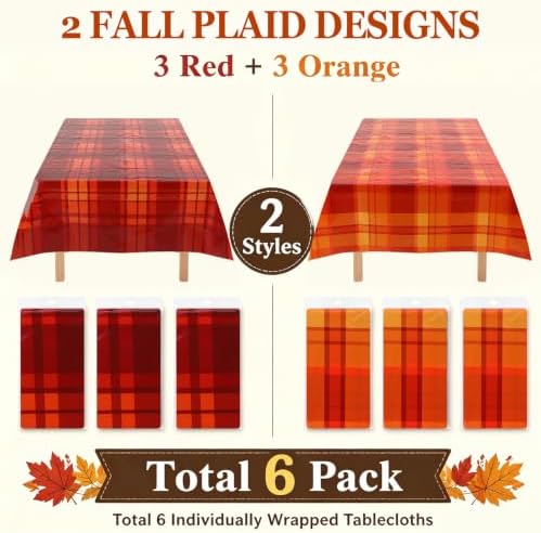 Frienda 6 Pcs Fall Plastic Tablecloths Disposable Plaid