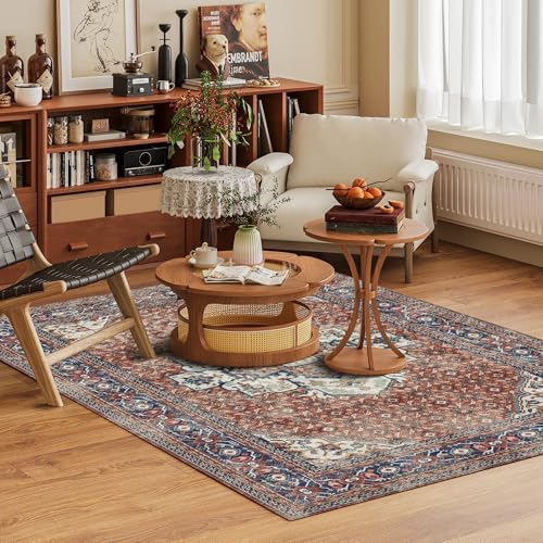 Washable Area Rug 5' x 7' Vintage Traditional Persian Mat - Foldable Distressed Non-Slip Machine Washable Carpet for