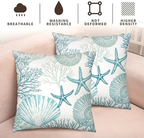 Nautical Coastal Blue Throw Pillow Covers 20x20 Set of 2 Summer Turquoise Teal Beach Outdoor Pillow Cover Coral Seashell Starfish Ocean Decorative Pillow Cases for Living Room Couch Sofa
