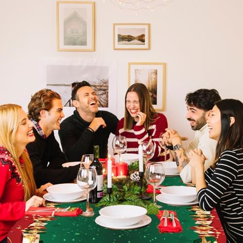 3-Piece 54 x 108 Inch Merry Christmas Plastic Tablecloth - Red and Green Design with Christmas Tree Holiday Decorations, Disposable Rectangle Table Cover for Xmas Party Supplies, Indoor Outdoor Decor
