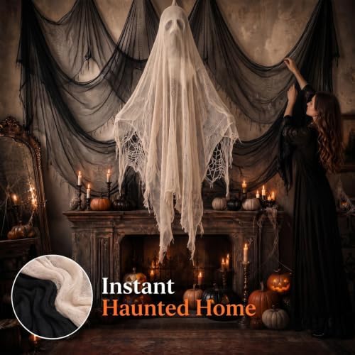6Pcs Halloween Creepy Cloth 30×72inch, Scary Halloween Decorations Indoor Outdoor, 4Pcs Black Cloth 2Pcs White for Yard, Doorway, Haunted House Party