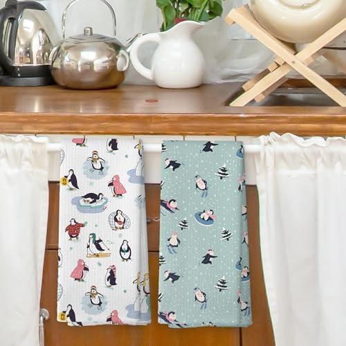 XPH Winter Penguin Kitchen Dish Towels Set of 2, Cute Penguin Gifts for Women Kids, Ski Gifts for Women, Cozy Winter Skiing Wild Animals Hand Towels Kitchen Tea Towel Decorations, 16x24inch