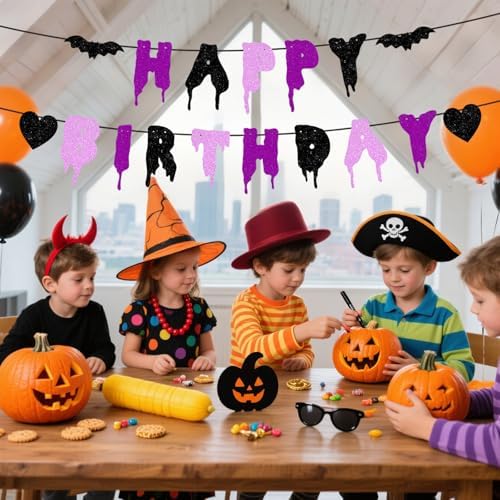 Happy Birthday Halloween Banner NO DIY Glitter Halloween Birthday Party Decorations for Home Office Wall Mantle Scary Party Decorations (Purple Black Pink)